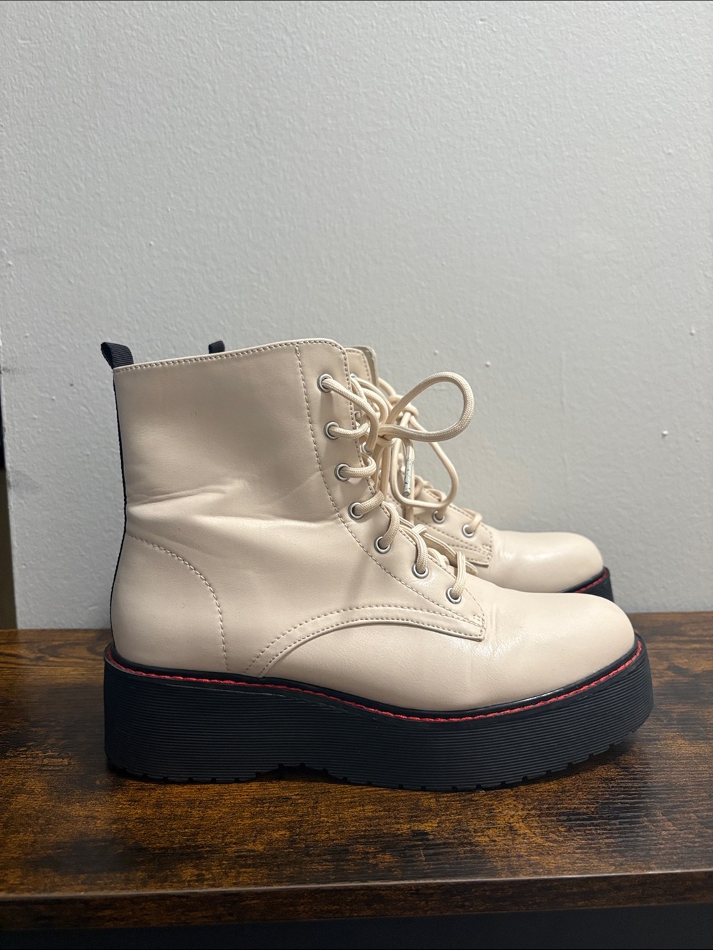 Steve Madden Cream Lace-Up Platform Boots with Black Sole